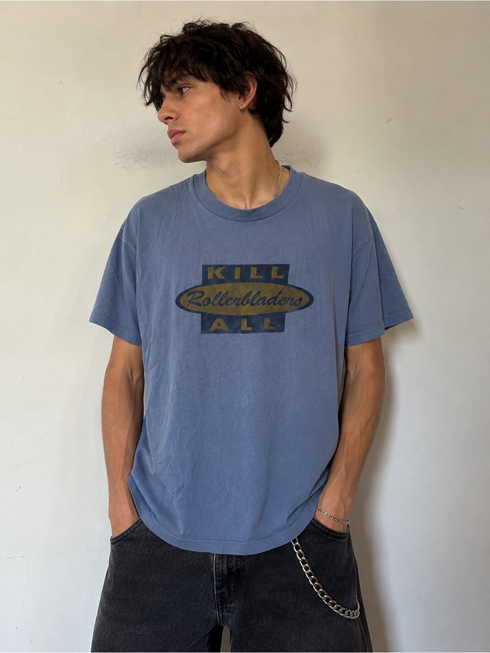 VTG Free Beat “Kill Rollerbladers All” Graphic T-Shirt Men’s Large Blue Y2K